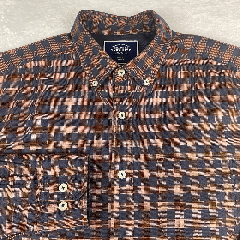 Charles Tyrwhitt Shirt Mens Medium Blue/Orange Checks‎ Slim Fit No Iron